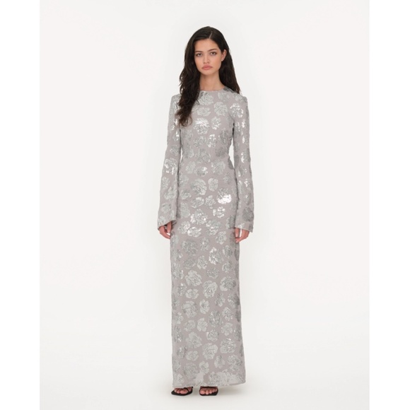 398. ROTATE SEQUIN CHIFFON MAXI DRESS LIGHT GREY $445 EUC Sz 4 - Picture 1 of 5